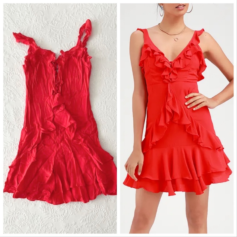 NWOT Lulus Carmela Coral Red Ruffled Mini Dress Small